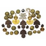 Seven various British military cap badges; & various ditto tunic buttons.