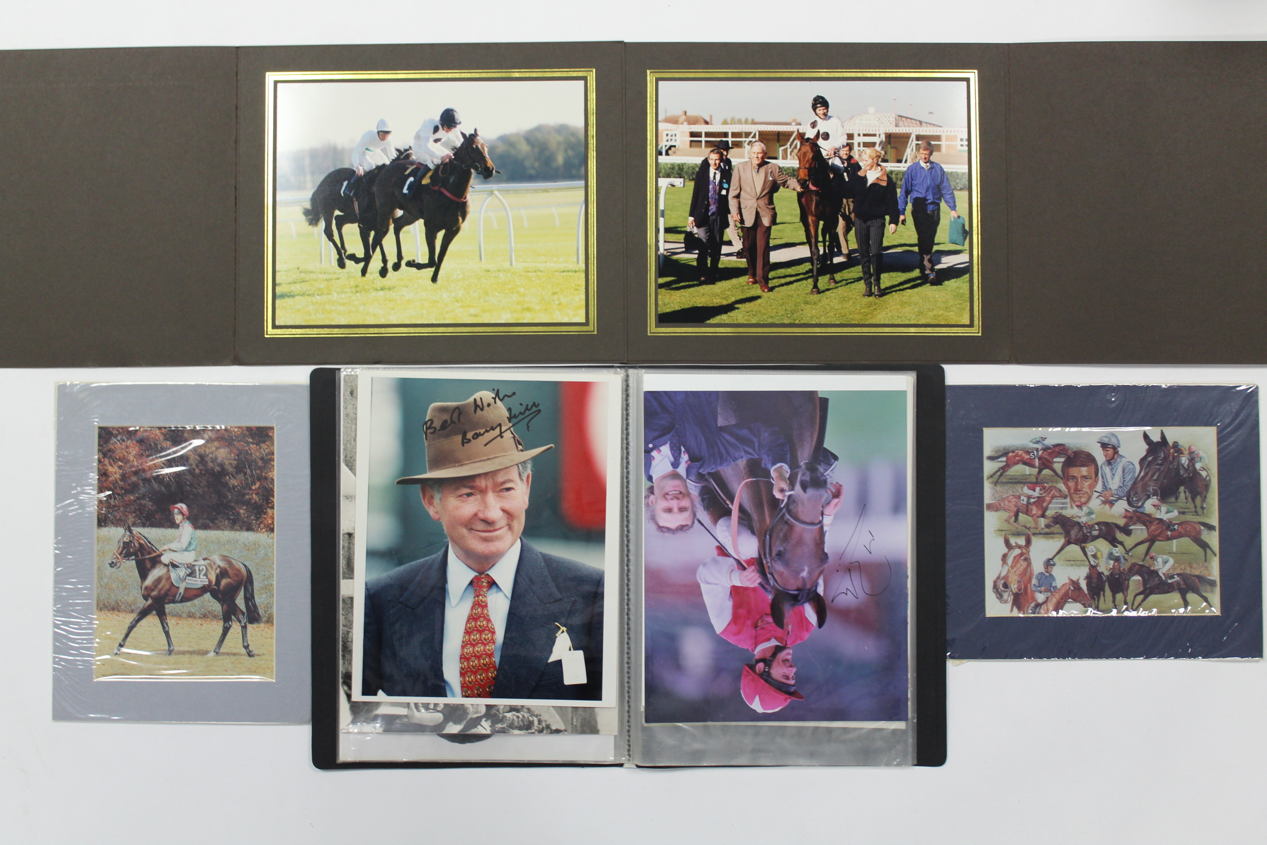 Approximately thirty various photographs & illustrations of horse racing jockeys & horses, some