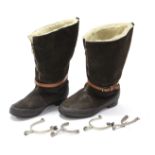 Two pairs of steel riding spurs; & a pair of WWII pilot's sheepskin-lined leather flying boots.