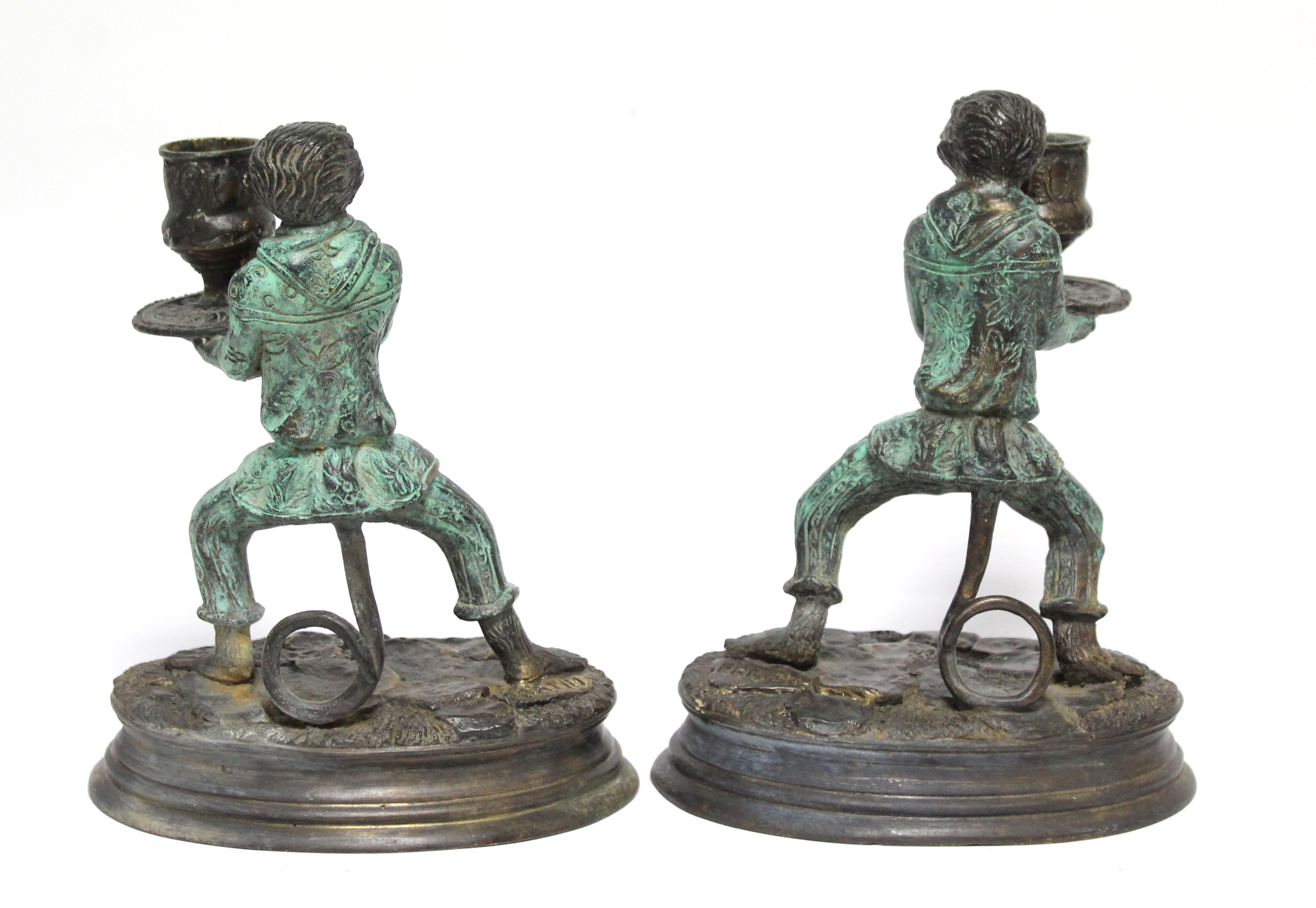 A pair of bronzed novelty monkey character candlesticks, each inscribed to base “FRATIN”, 8” high. - Image 2 of 4