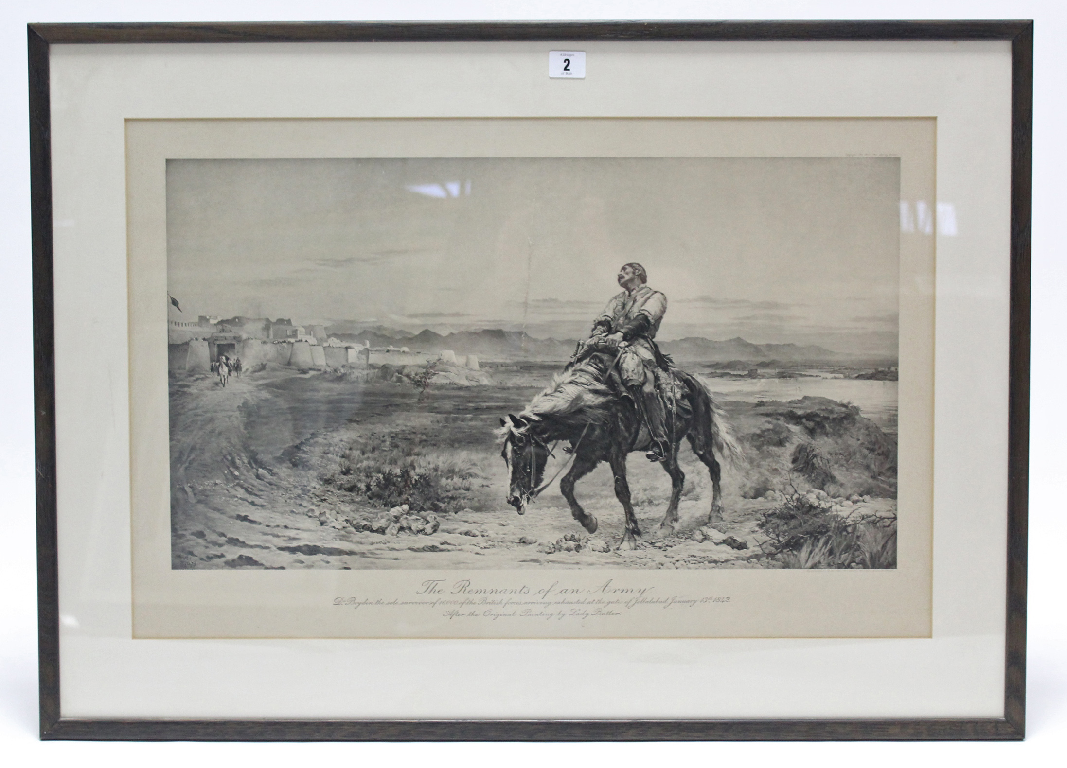 A large black & white print titled “The Remnants of an Army” after Lady Butler, 17½” x 27¼”, in