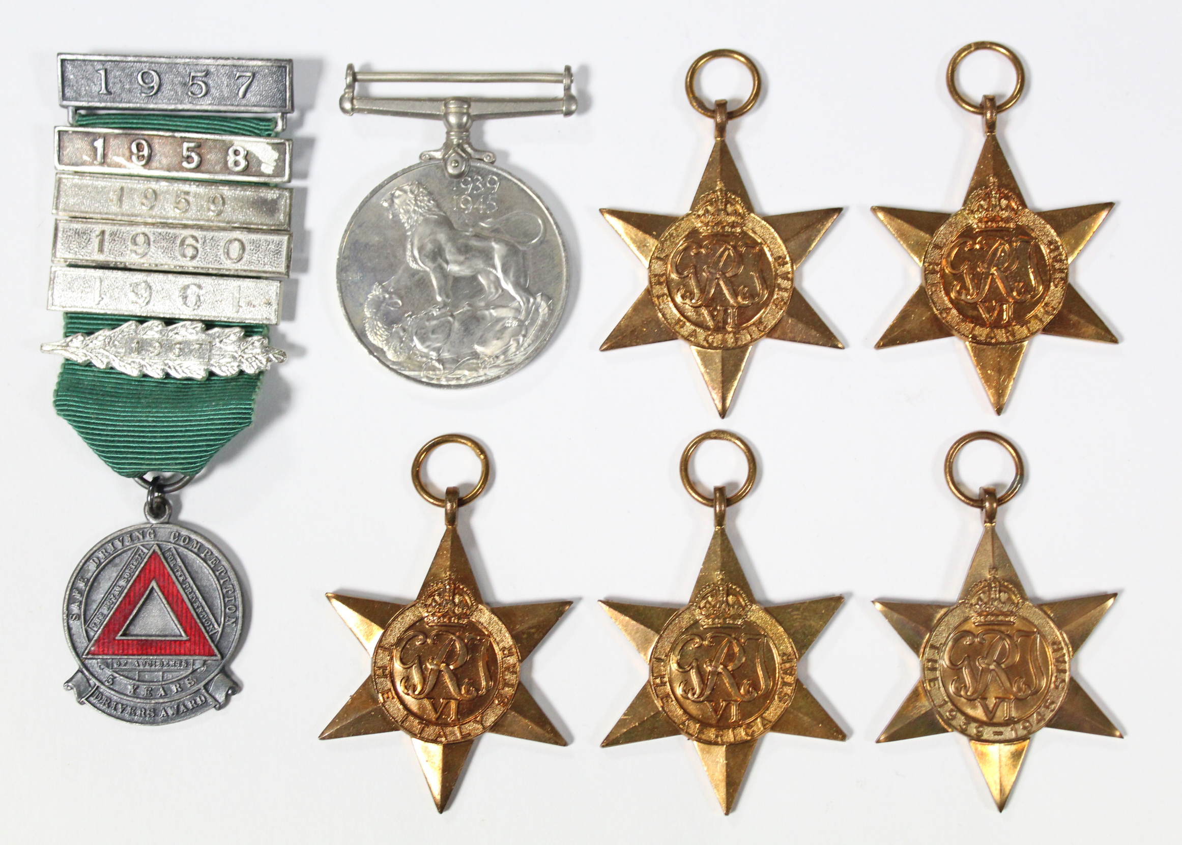 A group of six WWII medals: 1939-45 Star, Atlantic Star, Africa Star, Pacific Star, Italy Star, & - Image 2 of 3