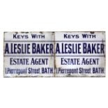 A PAIR OF EARLY 20th CENTURY BLUE & WHITE ENAMELLED SIGNS “KEYS WITH A. LESLIE BAKER ESTATE AGENT
