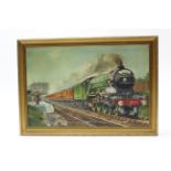 Another large oil painting on canvas by Ken Allsebrook, of a railway locomotive titled to