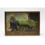 A large oil painting on canvas by Ken Allsebrook, of a railway locomotive titled to reverse: “Blue