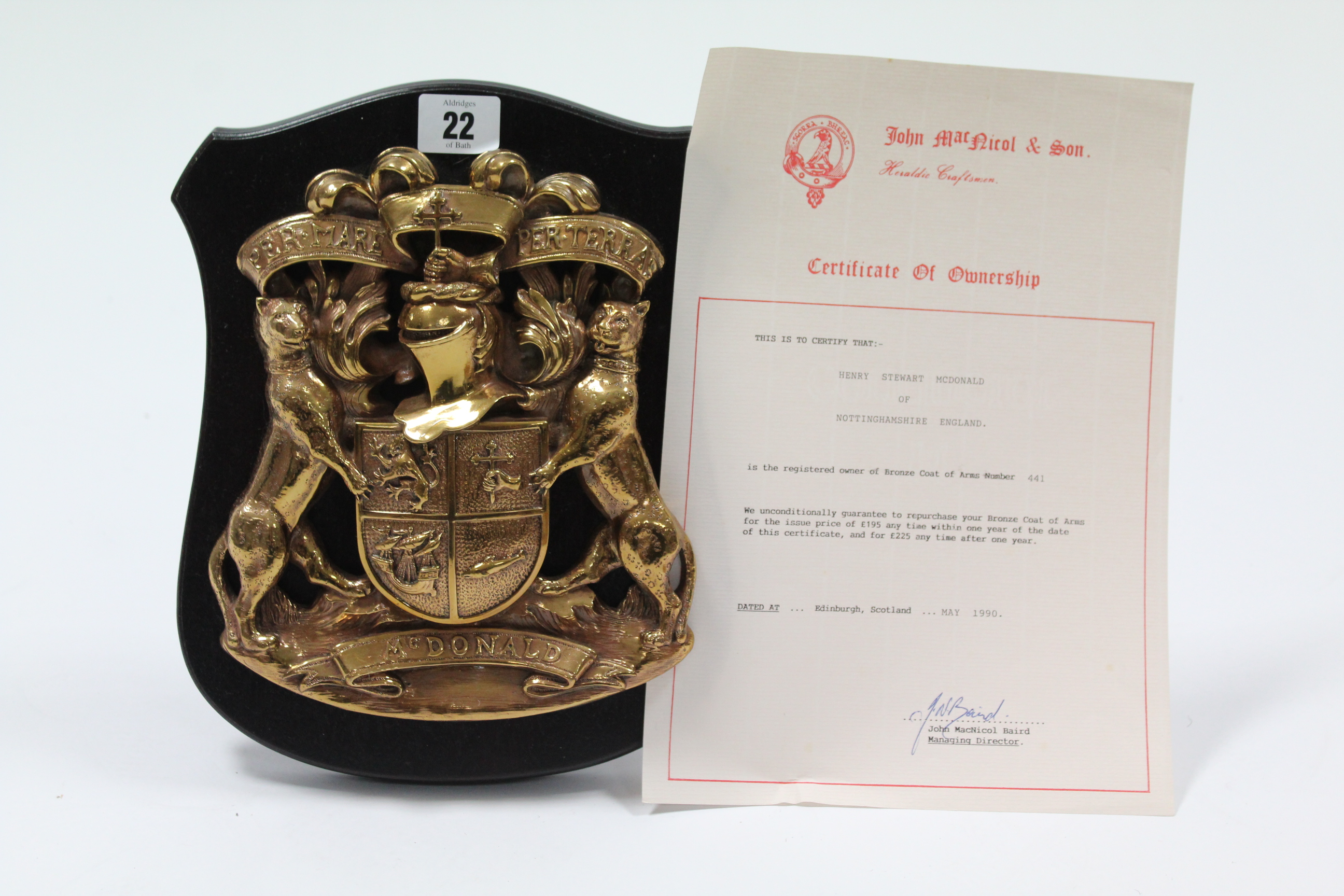 A John Macnicol & Sons heraldic bronzed coat of arm “Mcdonald”, 11” high, with certificate. - Image 2 of 2