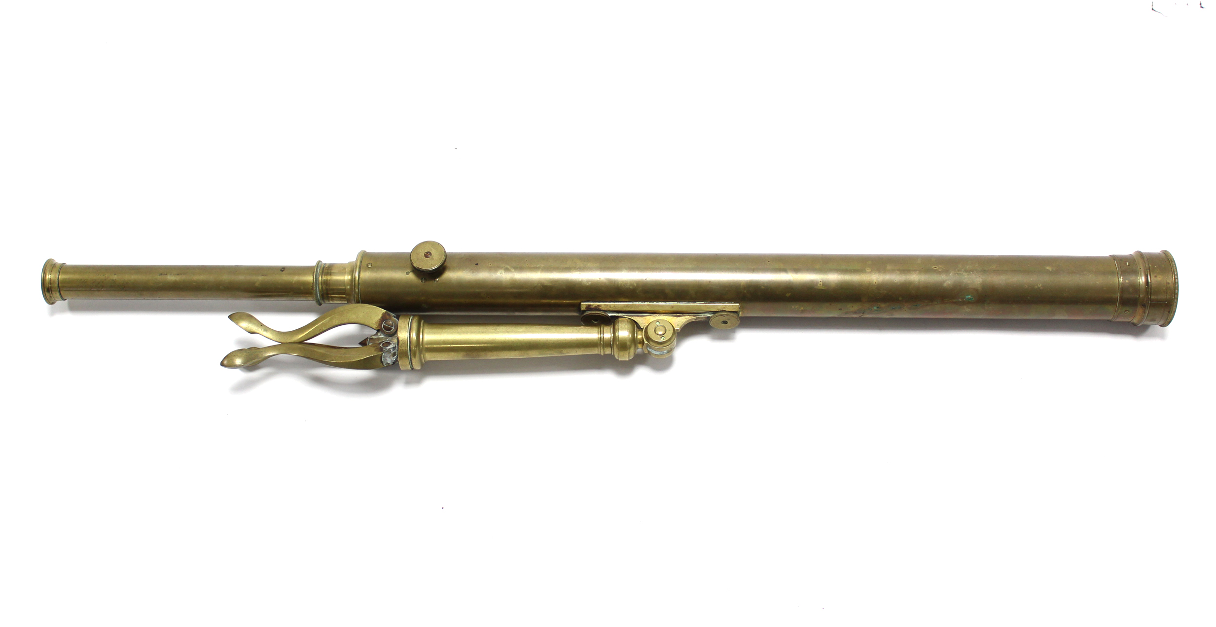 A late 19th/early 20th century French (?) brass library telescope with tripod, 40½” long. - Image 2 of 3