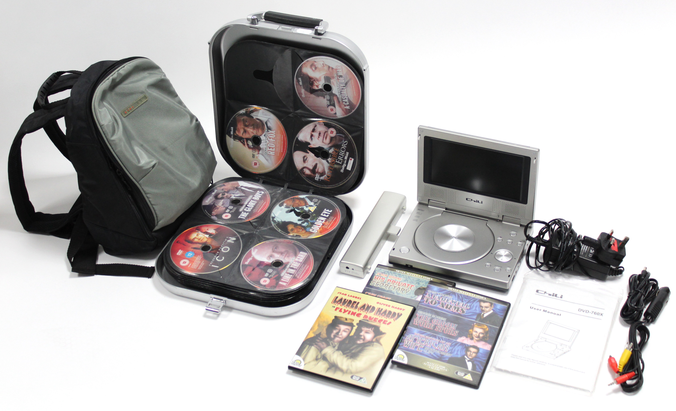 A Chili portable DVD player with remote control, w.o.; & various DVDs.