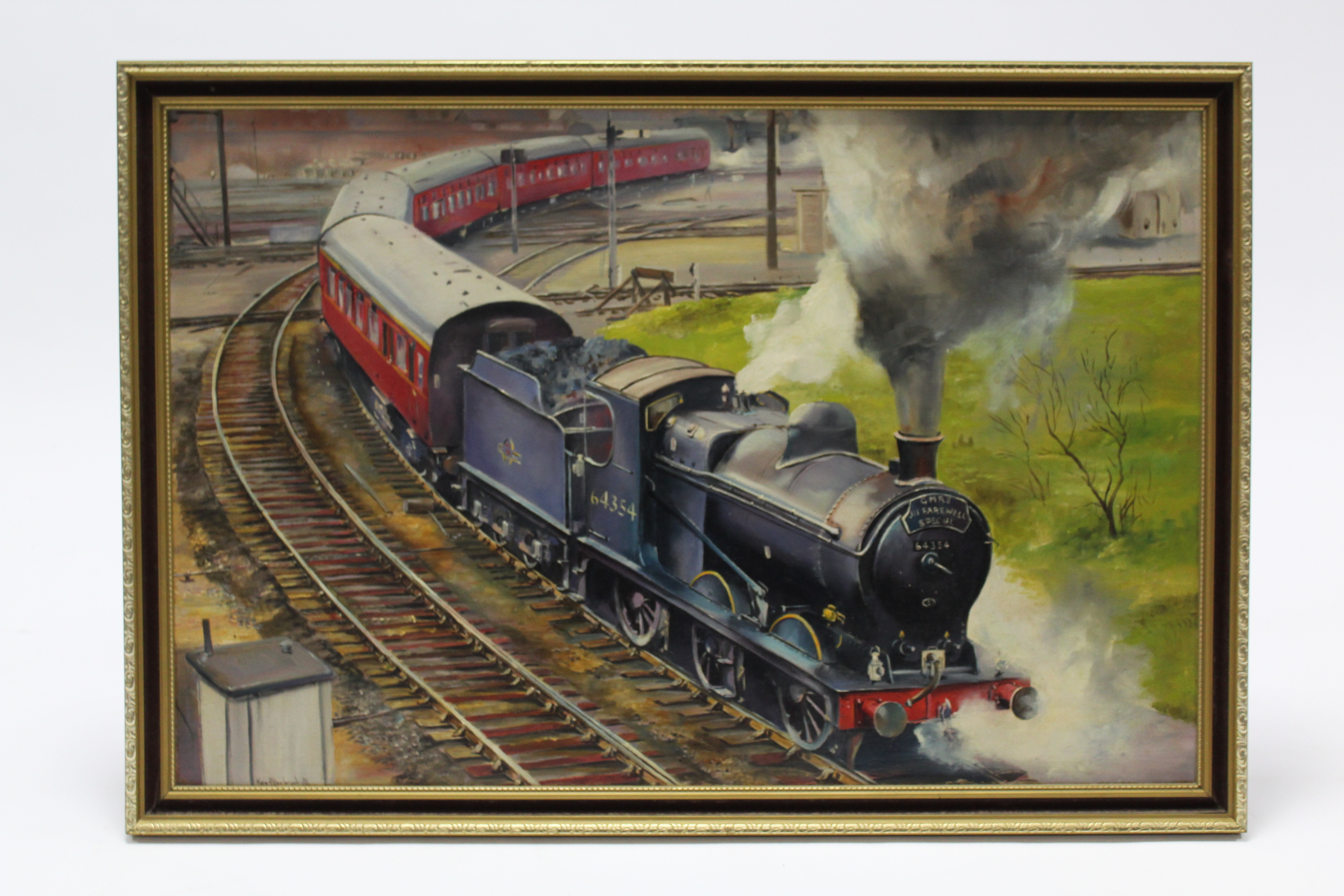 Another large oil painting on canvas by Ken Allsebrook, of a railway locomotive titled to