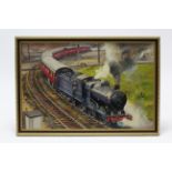 Another large oil painting on canvas by Ken Allsebrook, of a railway locomotive titled to