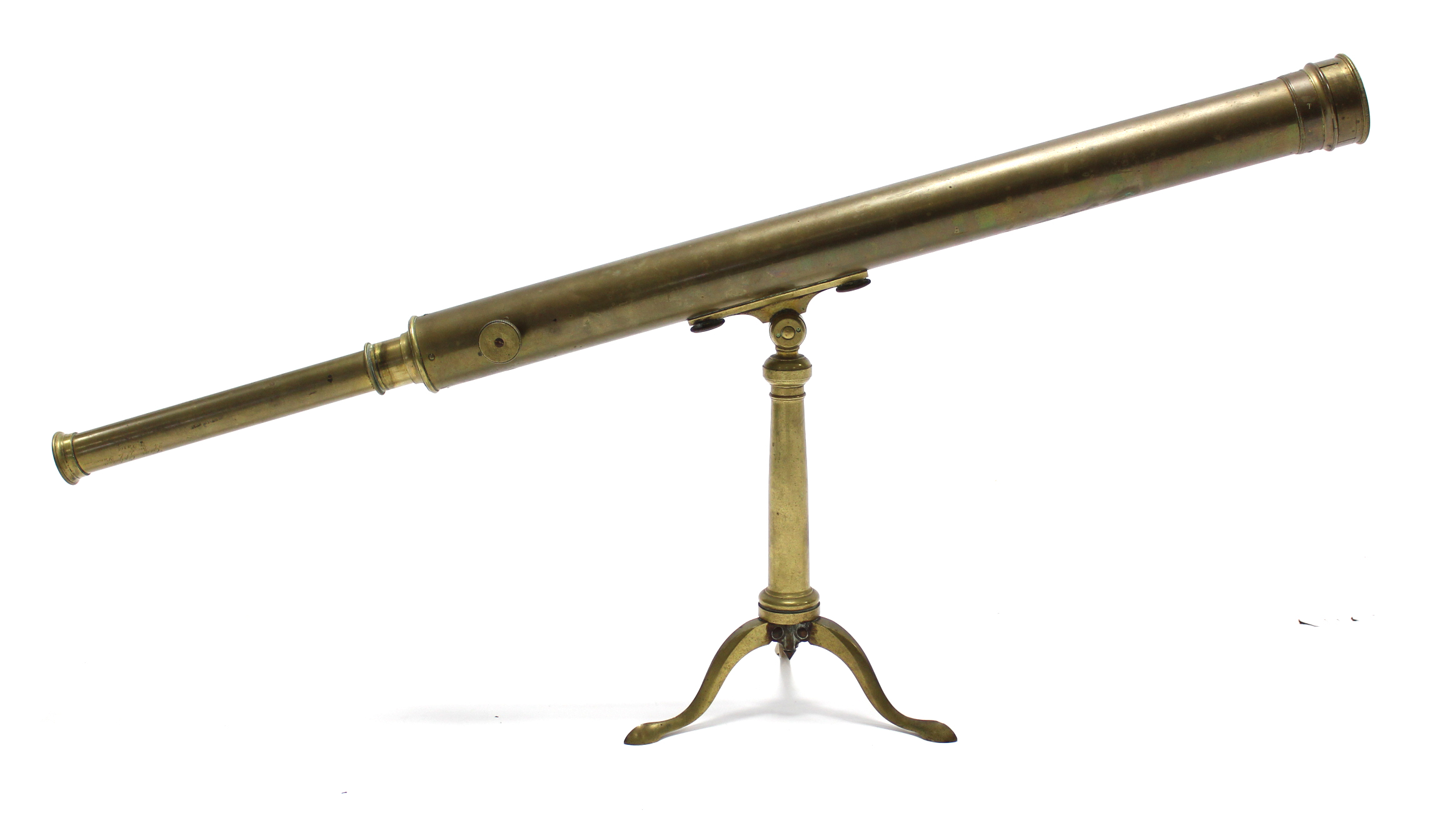 A late 19th/early 20th century French (?) brass library telescope with tripod, 40½” long.