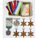 A group of six WWII medals: 1939-45 Star, Atlantic Star, Africa Star, Pacific Star, Italy Star, &