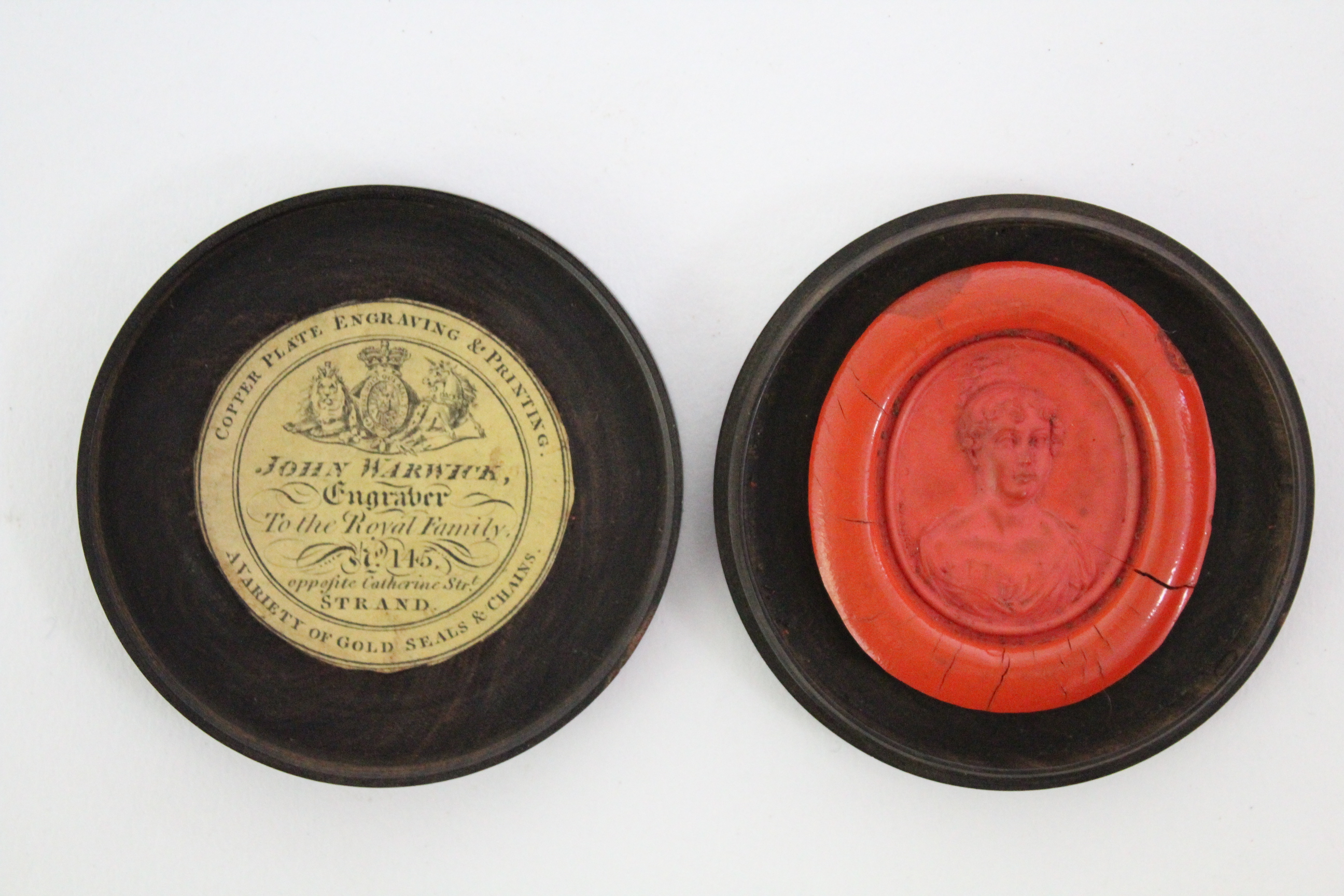 An early 19th century turned wood flat circular seal box, bearing paper trade label of “John Warwick - Image 2 of 6