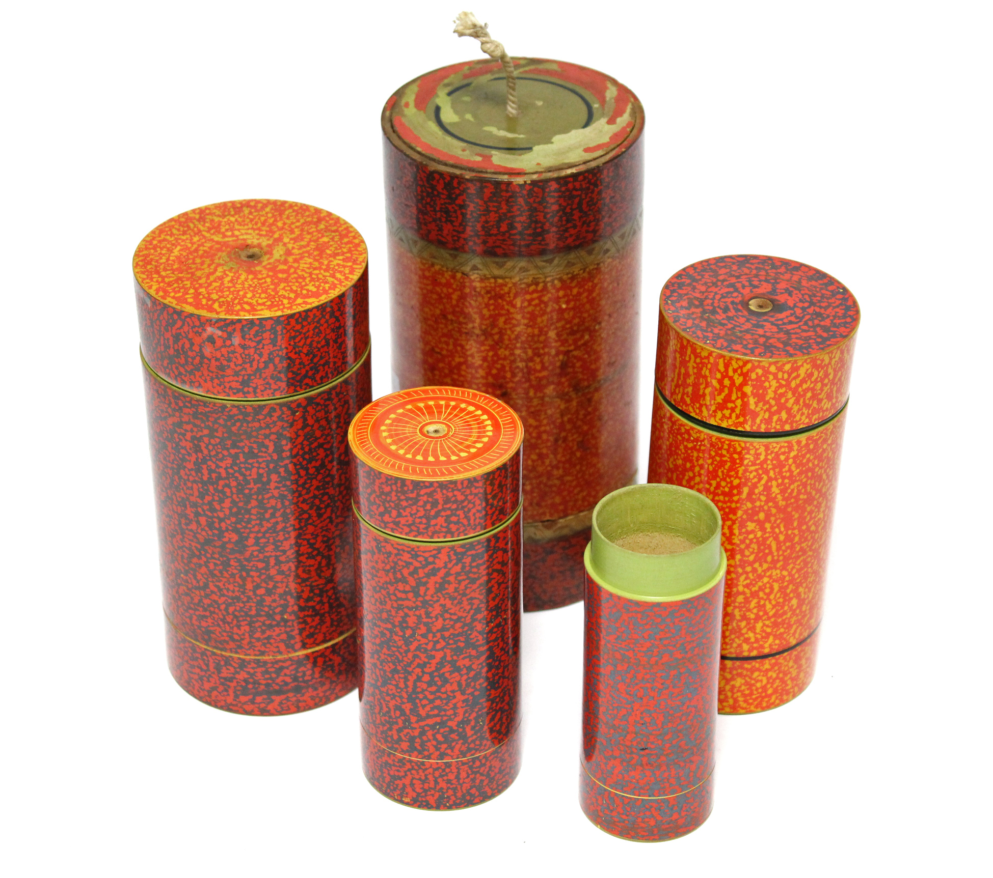 A nest of five Indian painted wood cylindrical boxes, w.a.f.