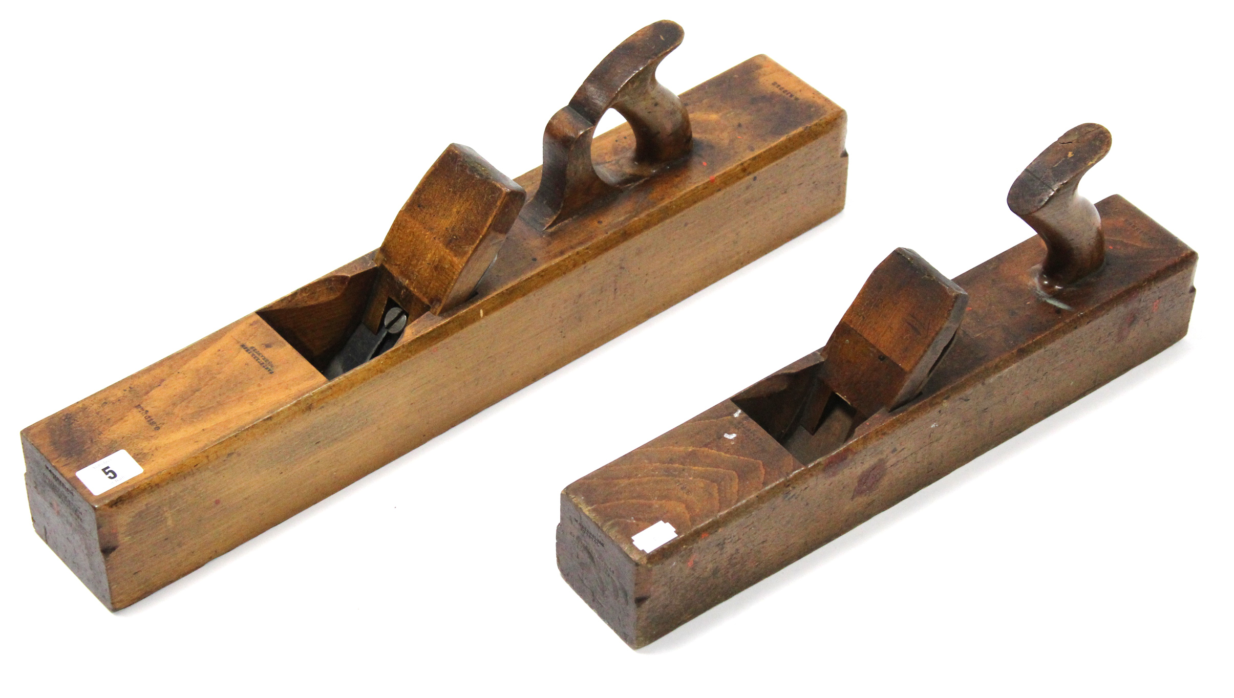 Two antique large wooden smoothing planes, 17” & 22” long; nine other planes; various chisels, etc.