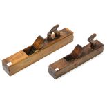 Two antique large wooden smoothing planes, 17” & 22” long; nine other planes; various chisels, etc.