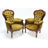 A pair of Victorian-style easy chairs each with buttoned back & sprung seat upholstered bronzed