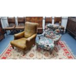 A Victorian buttoned-back armchair on short turned legs with ceramic castors (w.a.f.); & an