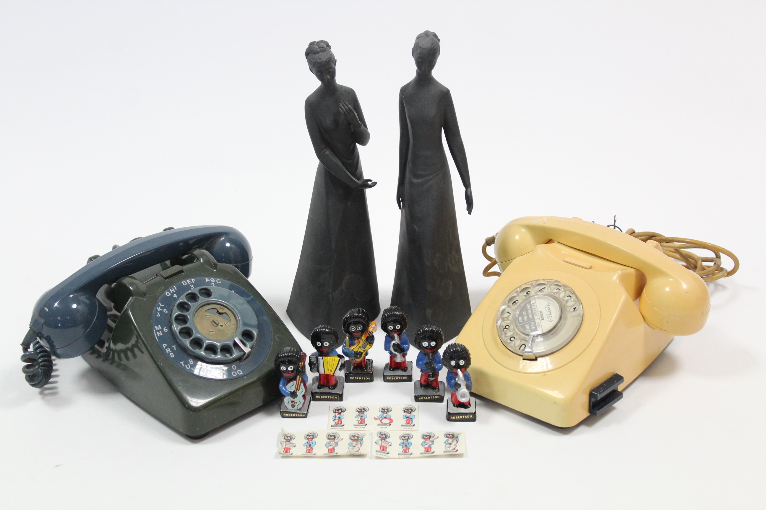 Two vintage telephones; together with two Royal Doulton figures “Tranquility” & “Sympathy”; & six