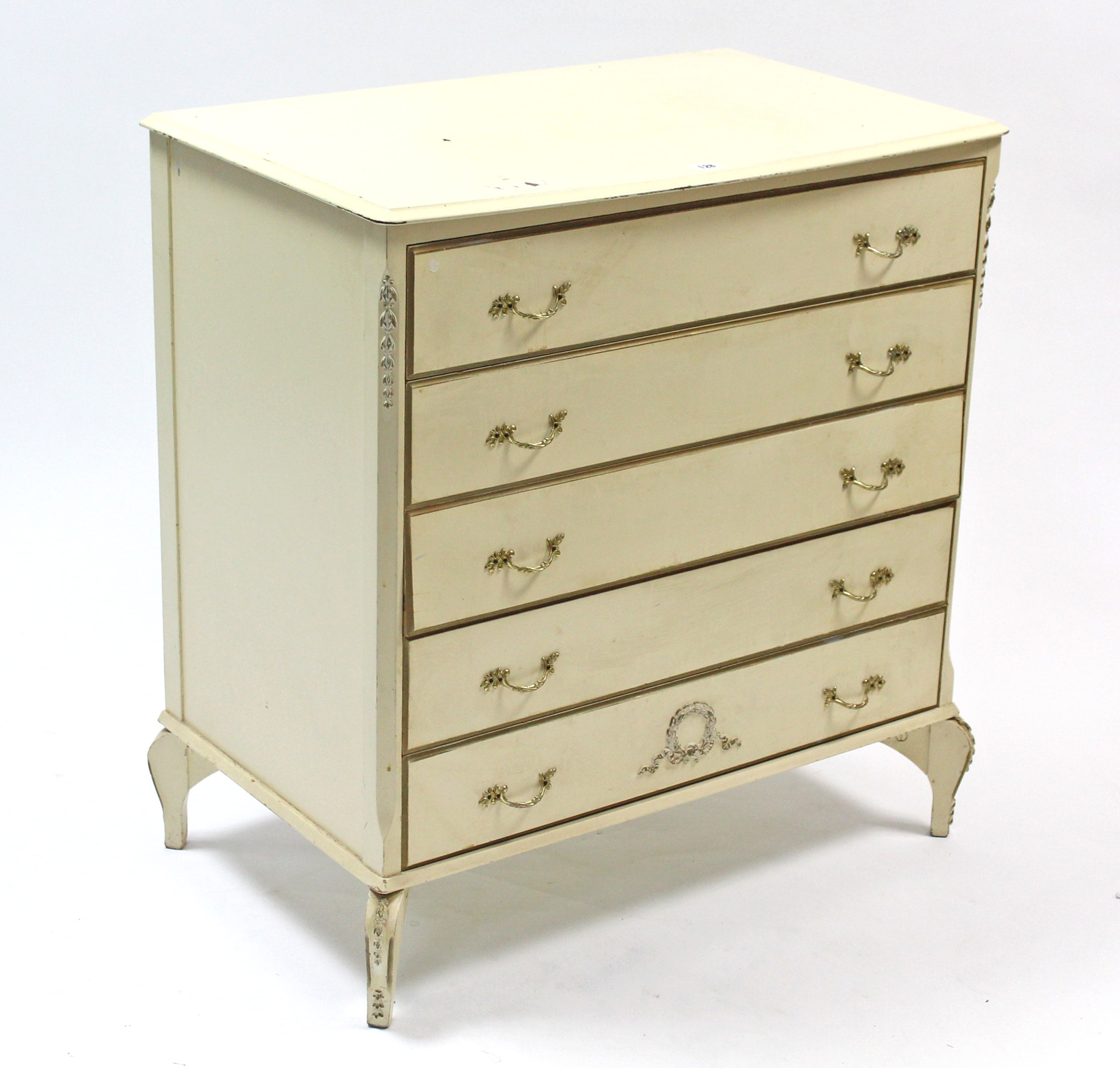 A cream & gilt finish bow-front chest fitted five long drawers, & on short cabriole legs, 31” wide x