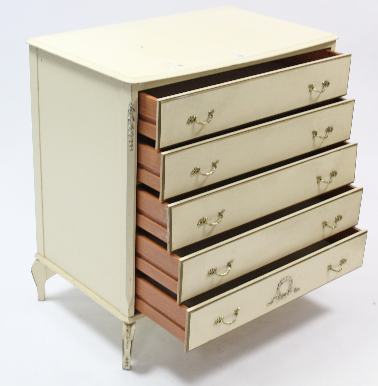 A cream & gilt finish bow-front chest fitted five long drawers, & on short cabriole legs, 31” wide x - Image 2 of 3