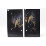 A pair of Japanese black lacquered rectangular panels each with bone overlaid bird decoration, 24” x