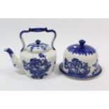 A large ironstone china blue & white floral decorated circular teapot, 12” high; & a similar large