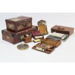 Three vintage suitcases; a Bridge set; a treen trinket box; various books, etc.