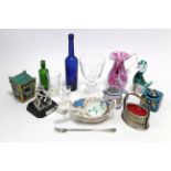 A Murano coloured glass bird paperweight; a Quimper ware jug; a set of art deco ashtrays; a modern