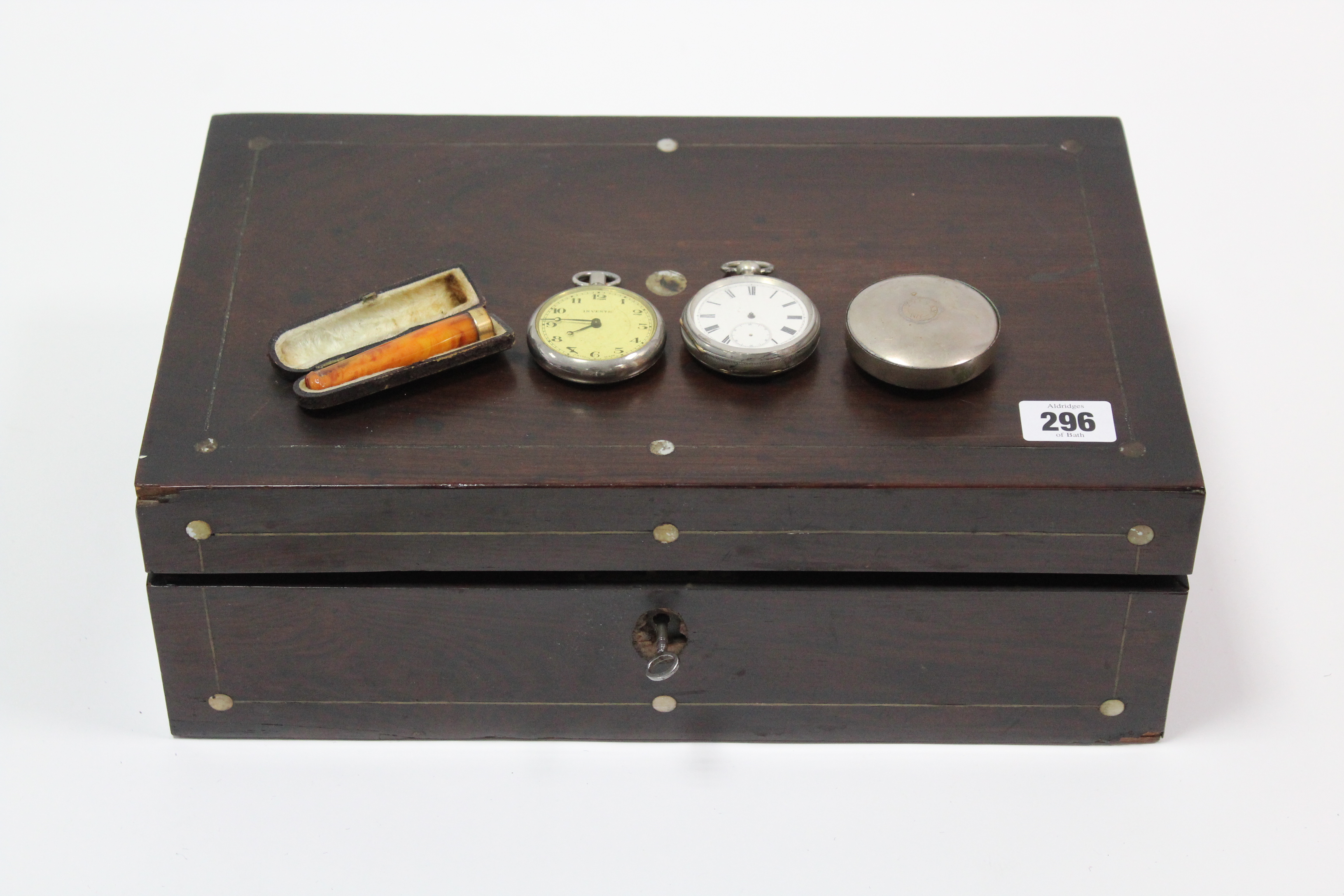 An amber cheroot holder with 18ct. gold mount, cased; together with two gent’s pocket watches; & a