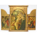 A reproduction gilt frame triptych, 19 ¾” high; & a reproduction crimson painted two-division oval