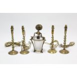 A set of four brass table lamps, each with open barley-twist centre column & on circular base, 14”