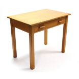 A mahogany small office table fitted frieze drawer, & on square legs, 36” wide.