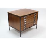 A mid-20th century mahogany small plan chest fitted six long drawers, & on metal square legs, 39”