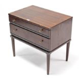 A mahogany two-drawer cutlery chest, on short round tapered legs, 23¾” wide x 22¾” high.