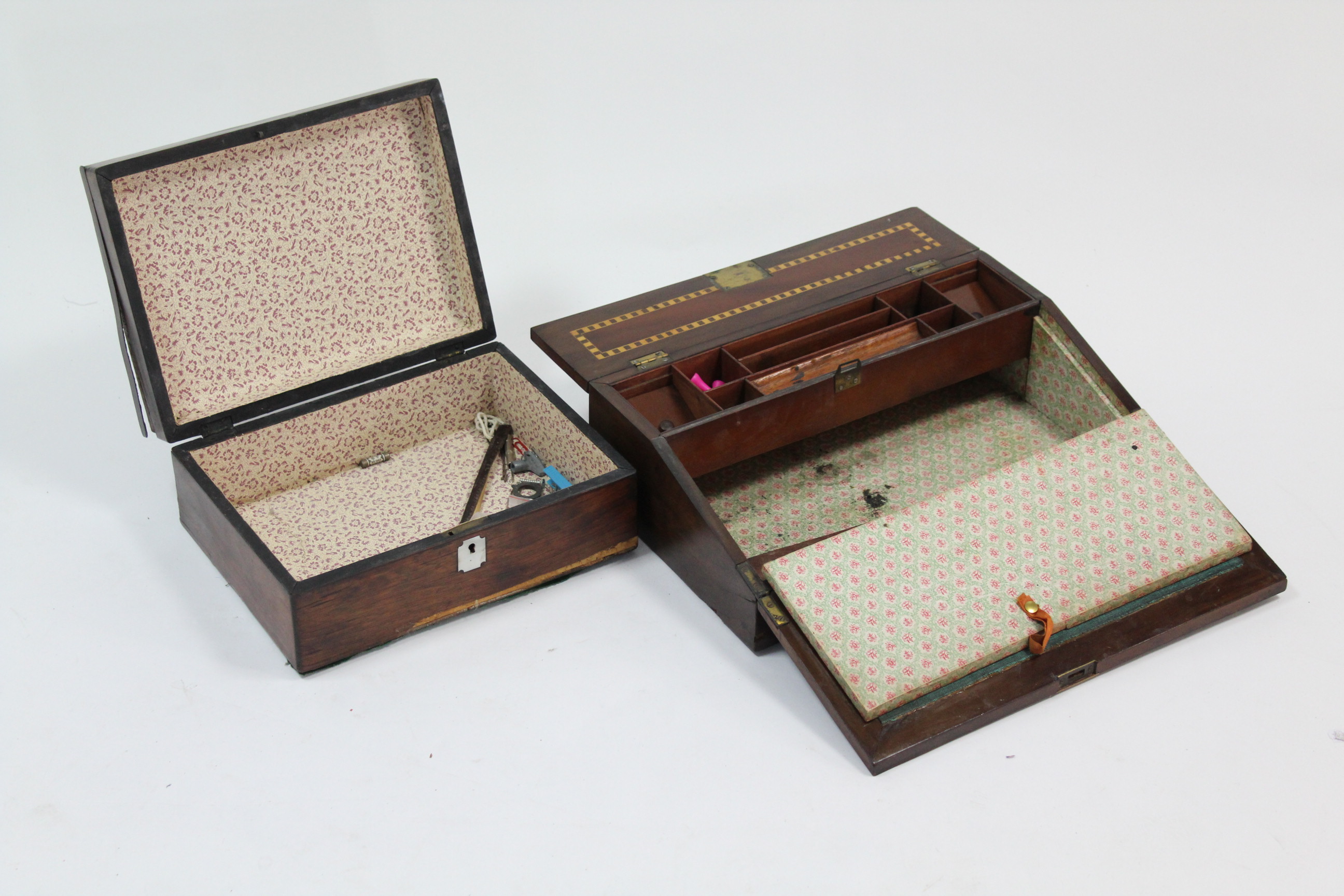 A 19th century inlaid-mahogany writing slope, 15½” wide; & a rosewood trinket box (lacking - Image 2 of 2