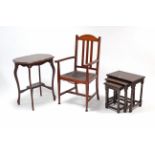 An oak nest of three rectangular occasional tables; together with an oak elbow chair; & a mahogany