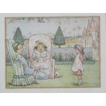 Six small coloured prints after Kate Greenaway-figure scenes, each in glazed frame; a pair of cut-