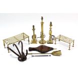 Three brass table lamps; two brass trivets; a pair of leather-bound fire bellows; & sundry other