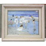 A large oil painting on board depicting a coastal landscape with numerous children to the