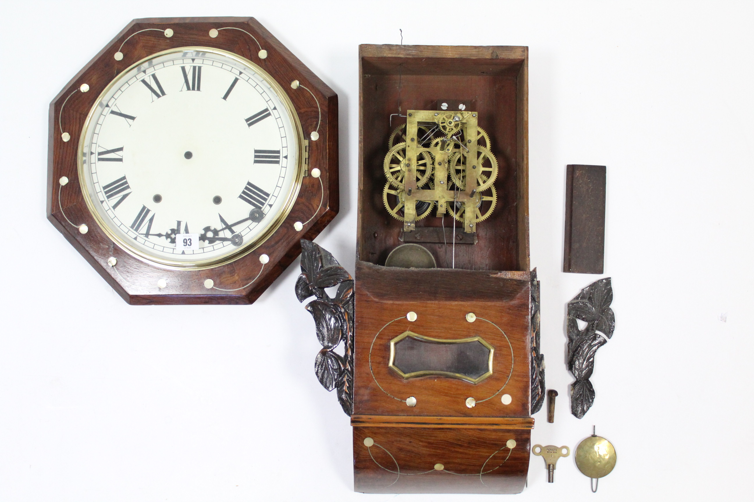 A Victorian drop-dial wall clock with black roman numerals to the white enamel dial, & in mother- - Image 2 of 2