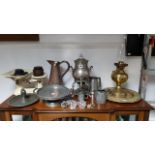 A pewter comport; a brass oil table lamp; asset of kitchen scales with weights; & sundry other