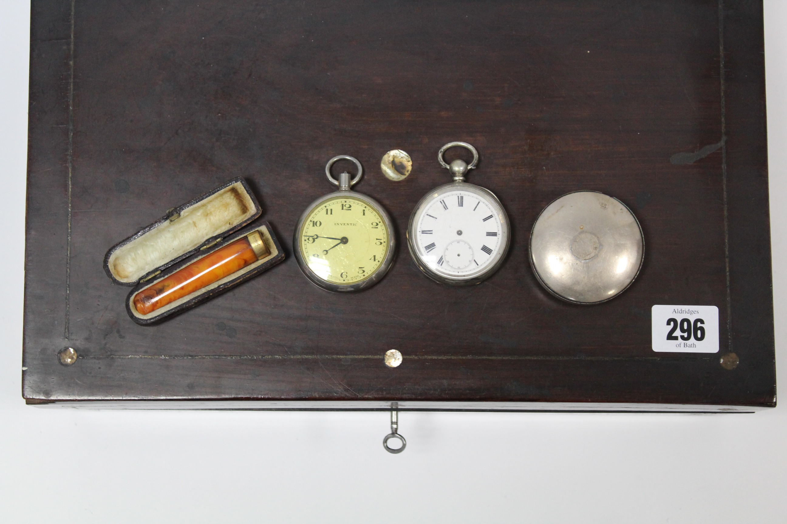 An amber cheroot holder with 18ct. gold mount, cased; together with two gent’s pocket watches; & a - Image 2 of 5