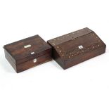 A 19th century inlaid-mahogany writing slope, 15½” wide; & a rosewood trinket box (lacking