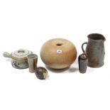 A studio pottery large doughnut-shaped vase, 11” diam.; & various other items of studio pottery,