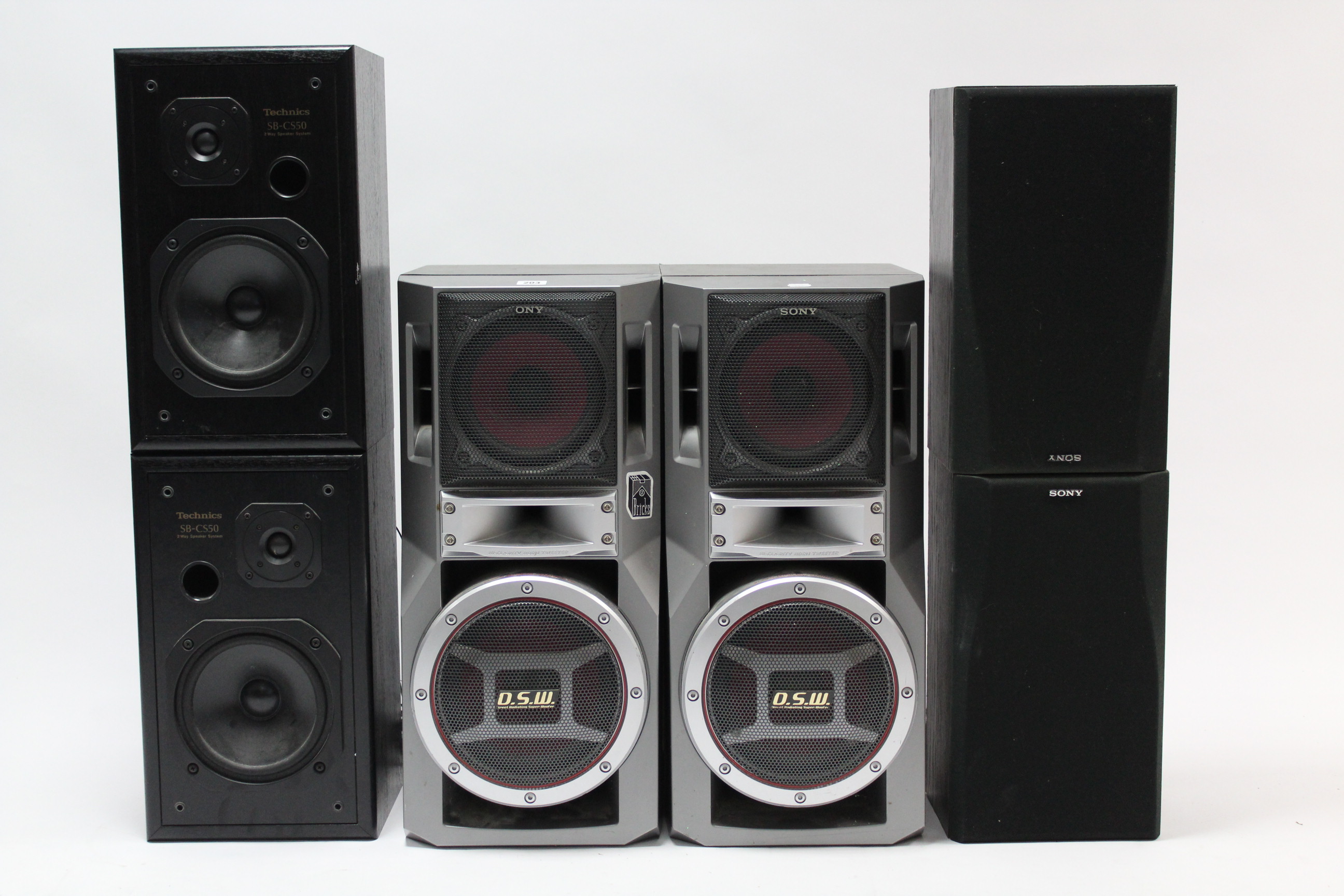 A pair of Sony D.S.W. 3-way speakers; a pair of Technics SB-C550 2-way speakers; & a pair of Sony