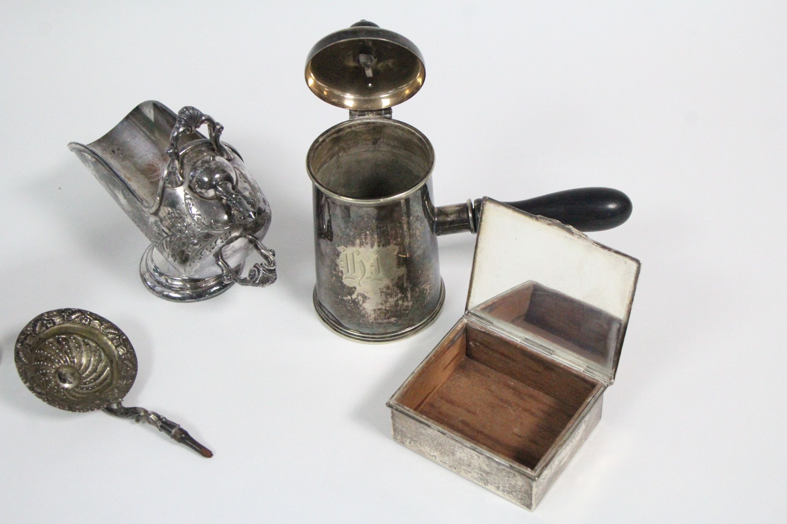 A large electro-plated sugar castor, 8¼" high; a ditto sugar scuttle; a lidded pot with turned - Image 3 of 3