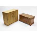 A pine serpentine-front blanket box with hinged lift-lid; & on bun feet, 33½” wide; & a pine dwarf
