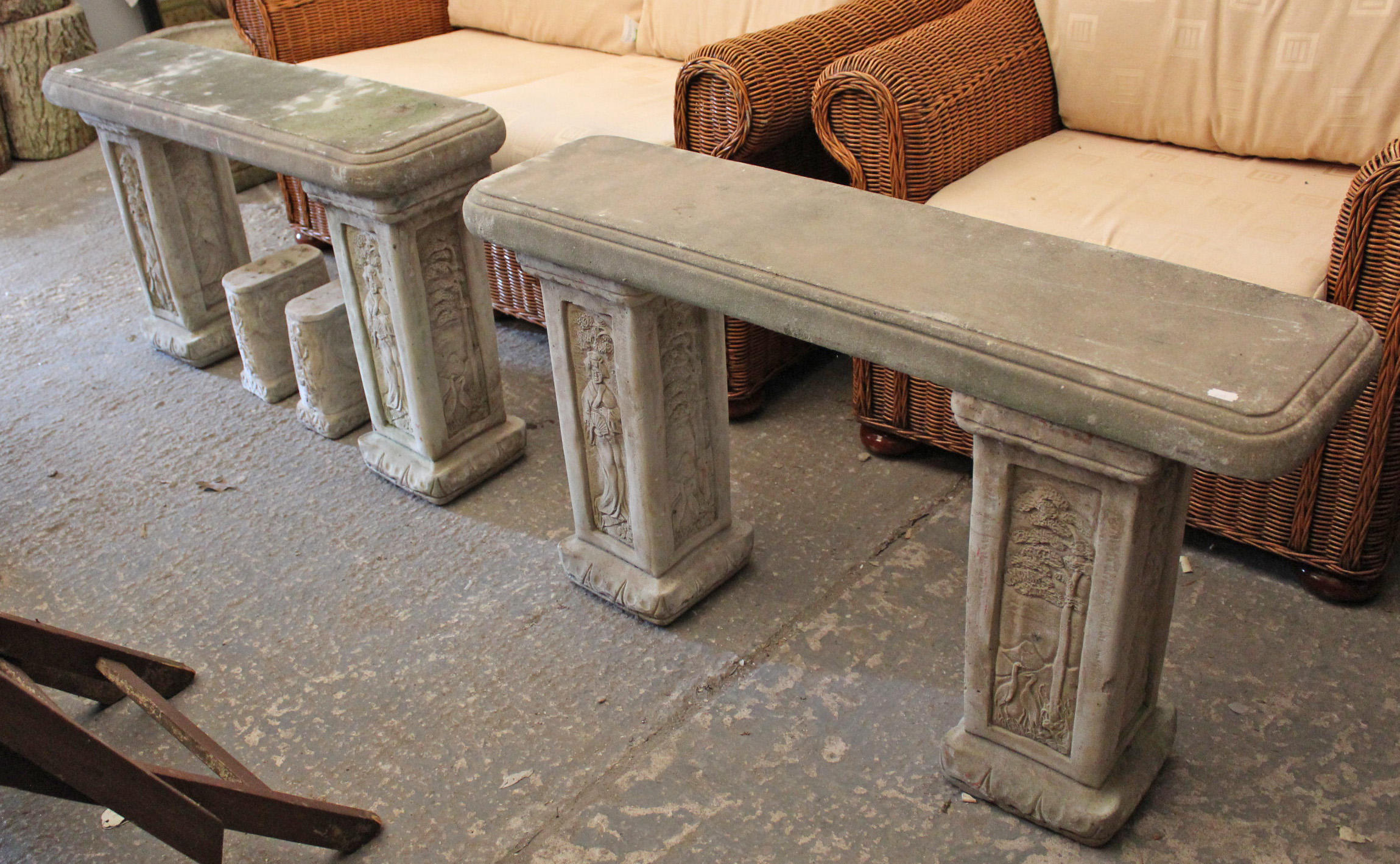 A pair of reconstituted stone garden seats, 43” long. - Image 3 of 3