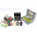 An Underwood portable typewriter with case; a Brexton picnic set; three hand puppets; & various 45